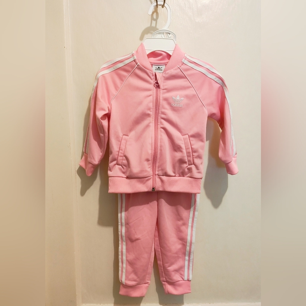 EUC Adidas 3 Stripe Bubblegum Pink Baby Tracksuit 9-12m
